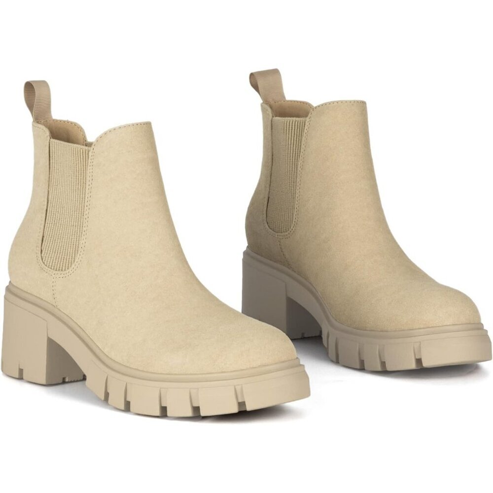 Athlefit Women's Apricot Faux Leather  Lug Sole Chunky Heel Slip on Chelsea Boot - Picture 5 of 6